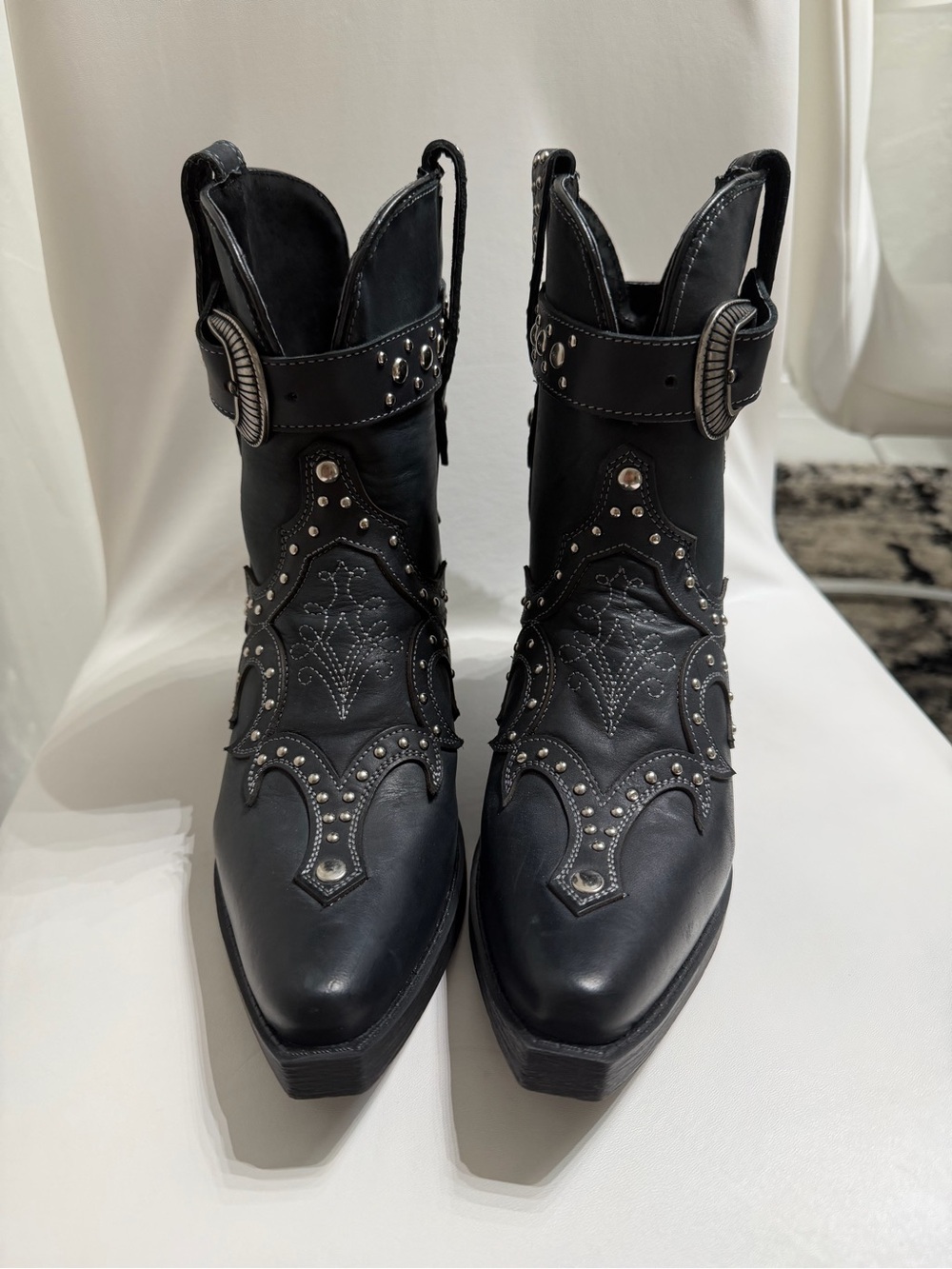 Black Studded Western-Style Ankle Booties with Buckle